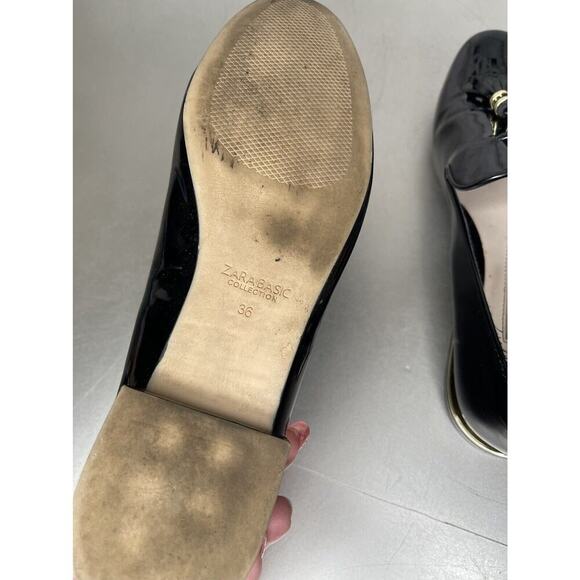 Zara Basic Black patent Leather Slip On Shoes Flats Loafer Tasseled Size 36 - Picture 6 of 6